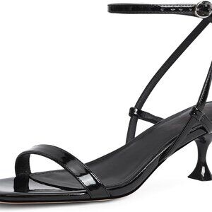 Women Kitten Heels Faux Leather Open Square Toe Ankle Strap Dress Shoes